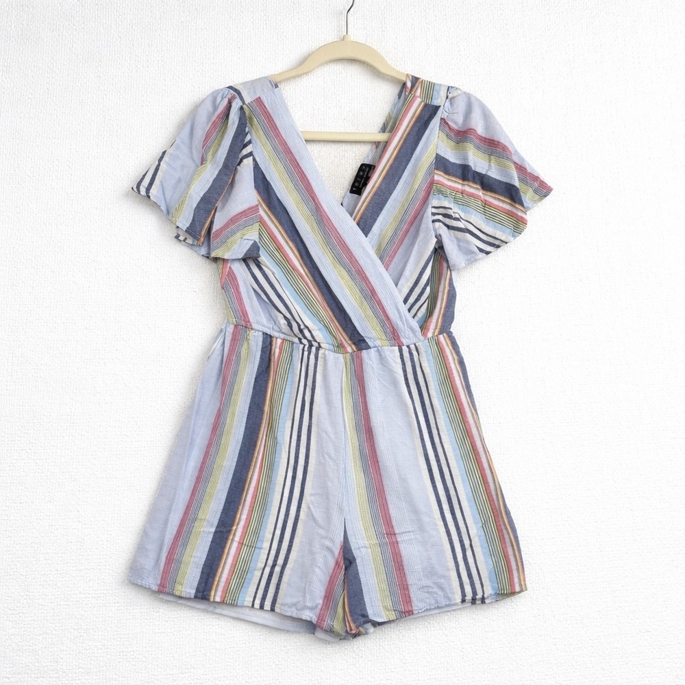Trixxi Clothing Company Women Blue Striped Surplice Flutter Sleeve‎ Romper Large